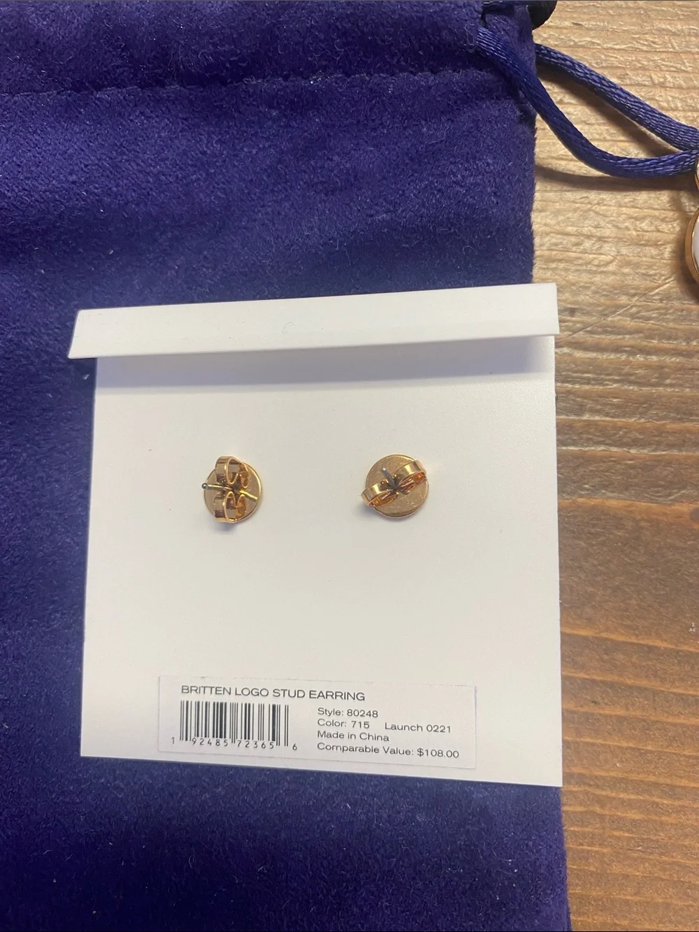 Tory Burch Gold Logo Stud Earrings with Purple Suede Pouch
